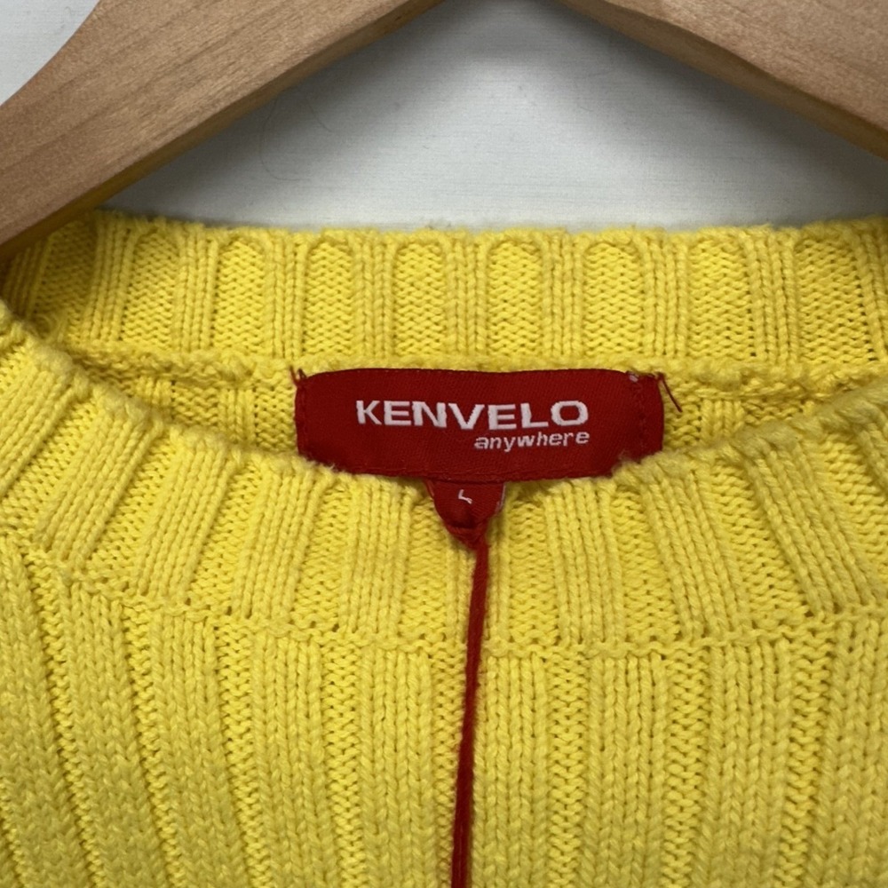 KENVELO Striped Ribbed Knit Crew Neck Sweater Yellow Grey Women L - Picture 3 of 4